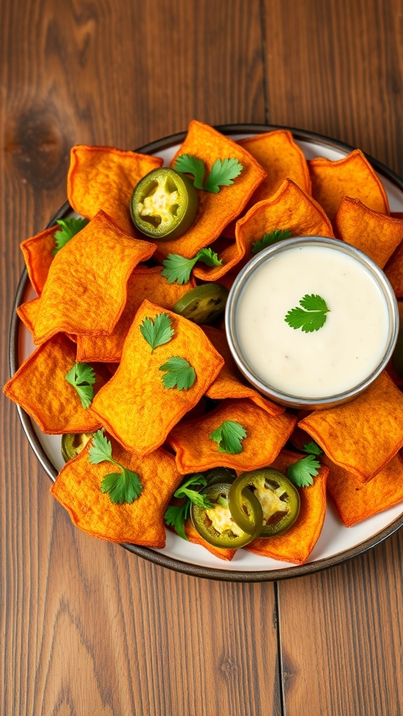 A plate of golden-brown crispy jalapeño chips with a bowl of dip on a rustic table.